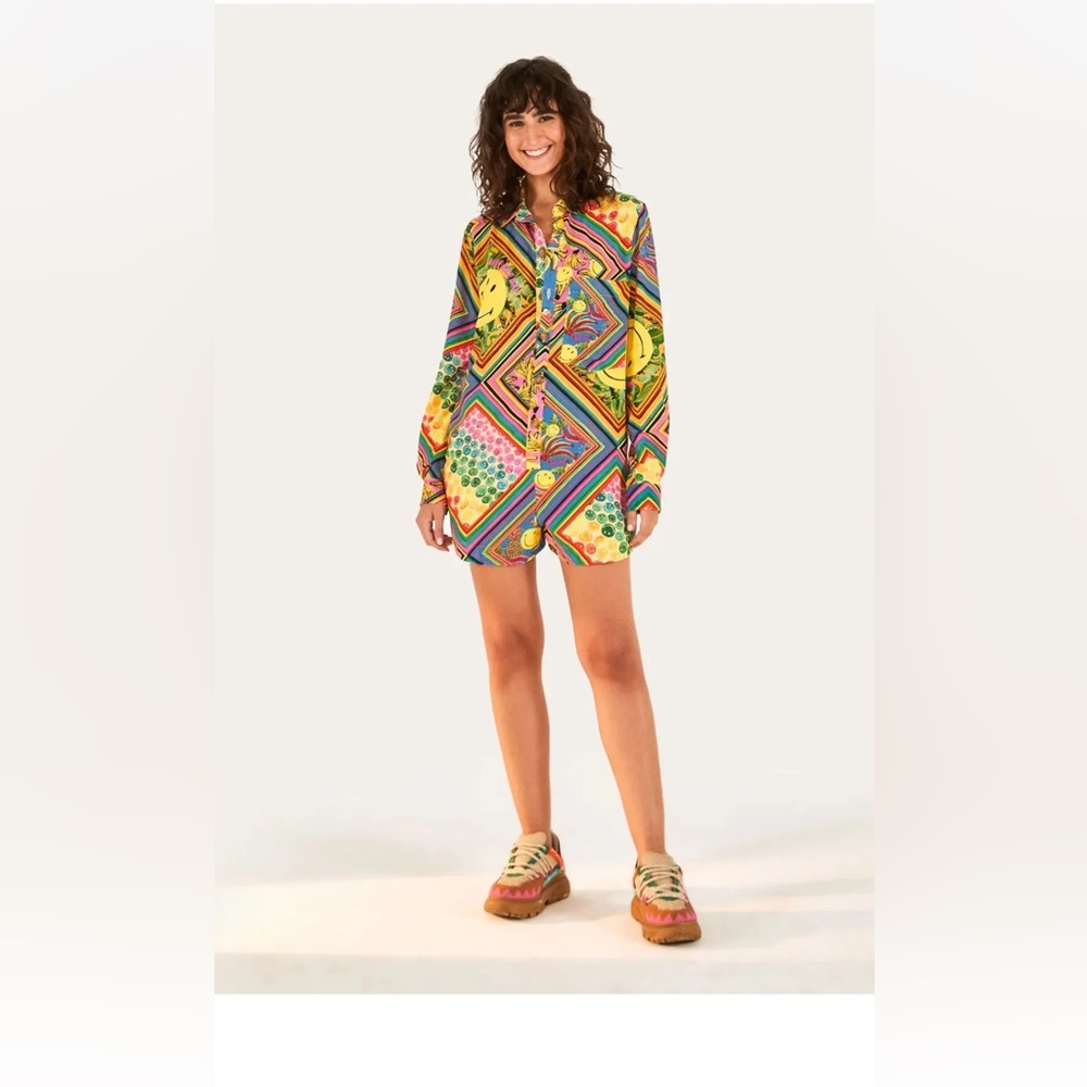 Farm Rio and smiley collab sold out rainbow smiley romper jumpsuit